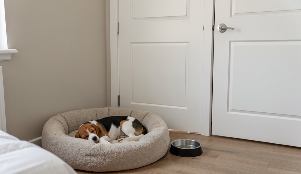 Un chiot beagle endormi dans un panier rond, à côté d'une gamelle d'eau, dans une chambre calme dont la porte est fermée