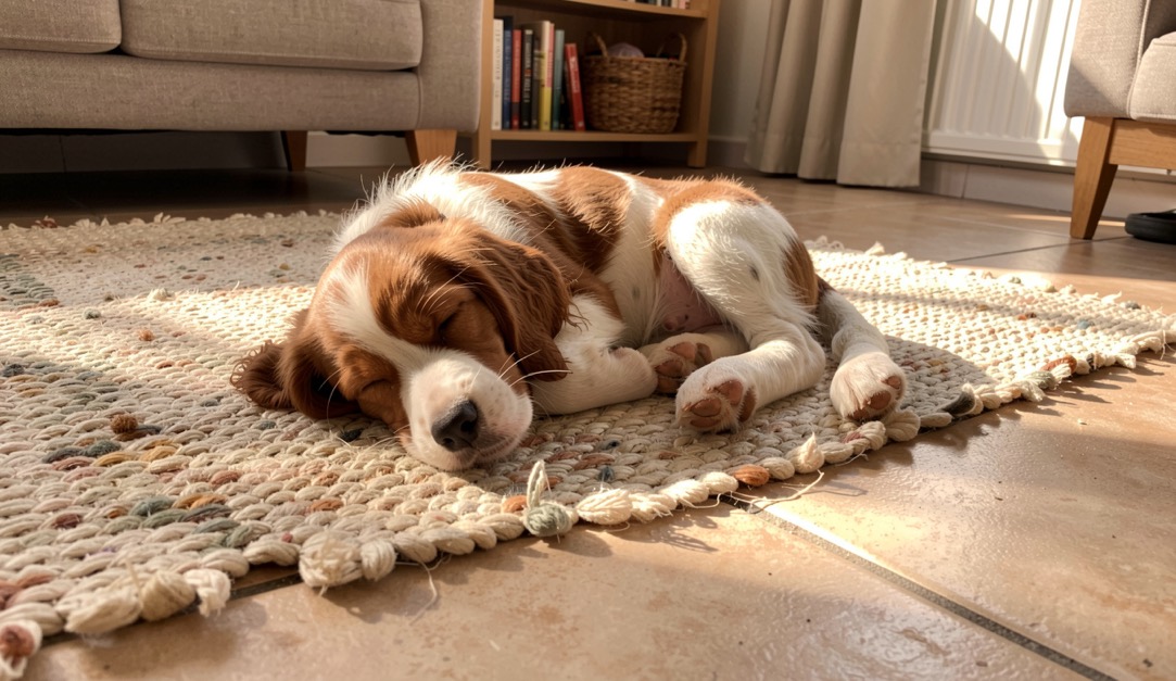 Un chiot épagneul endormi sur un tapis tissé épais posé sur un sol en carreaux beige, dans un salon baigné de lumière d'après-midi